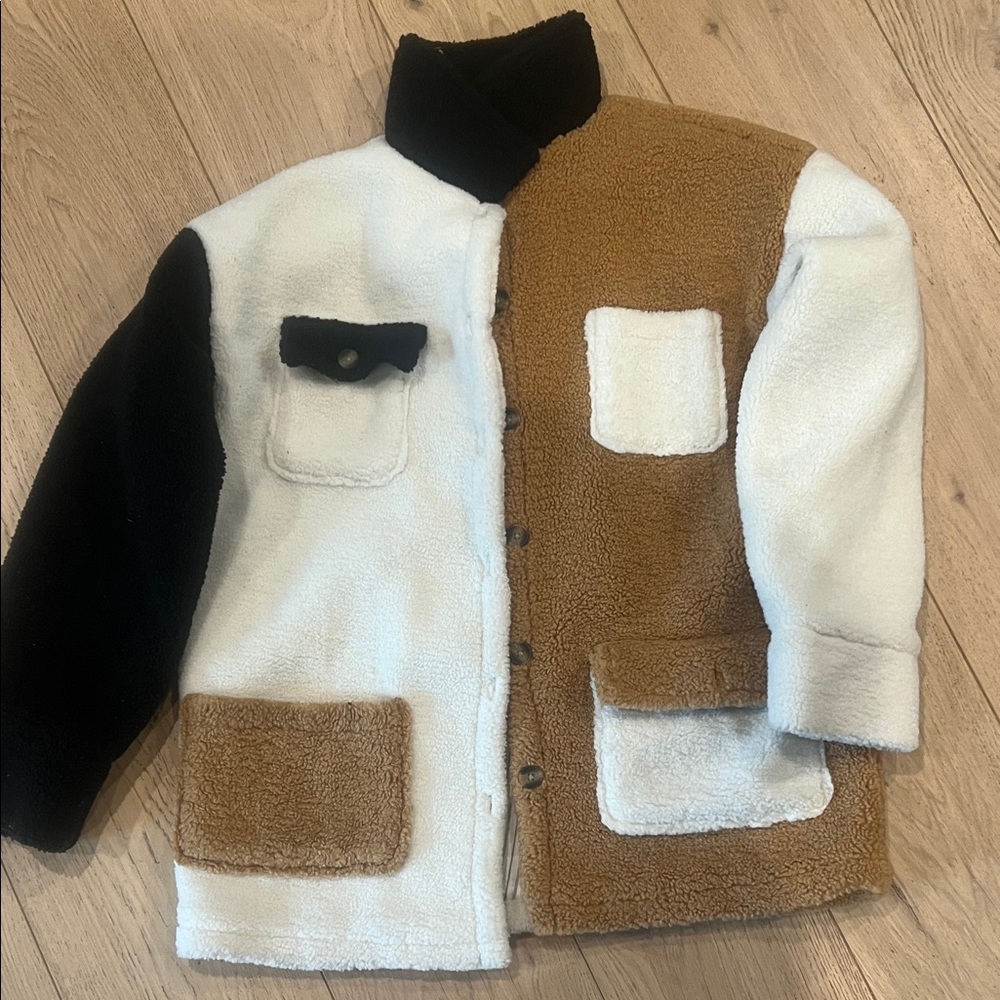Central Park West Black, Tan and White color Block Sherpa Jacket